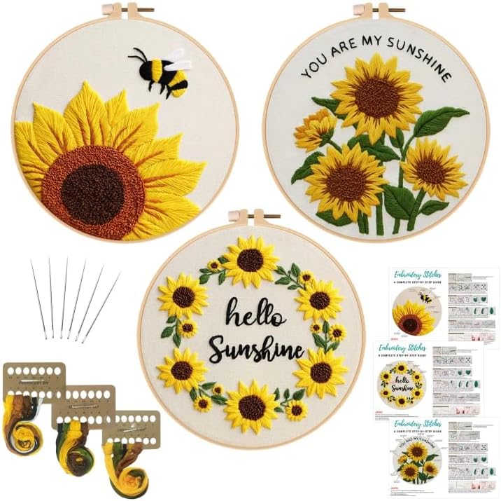 Nuberlic Sunflower Embroidery Kit 3 Pack Embroidery Kits for Adults Beginners Starter Cross Stitch Kit Set with Sunflower Floral Designs - Perfect DIY Gift - Image 1